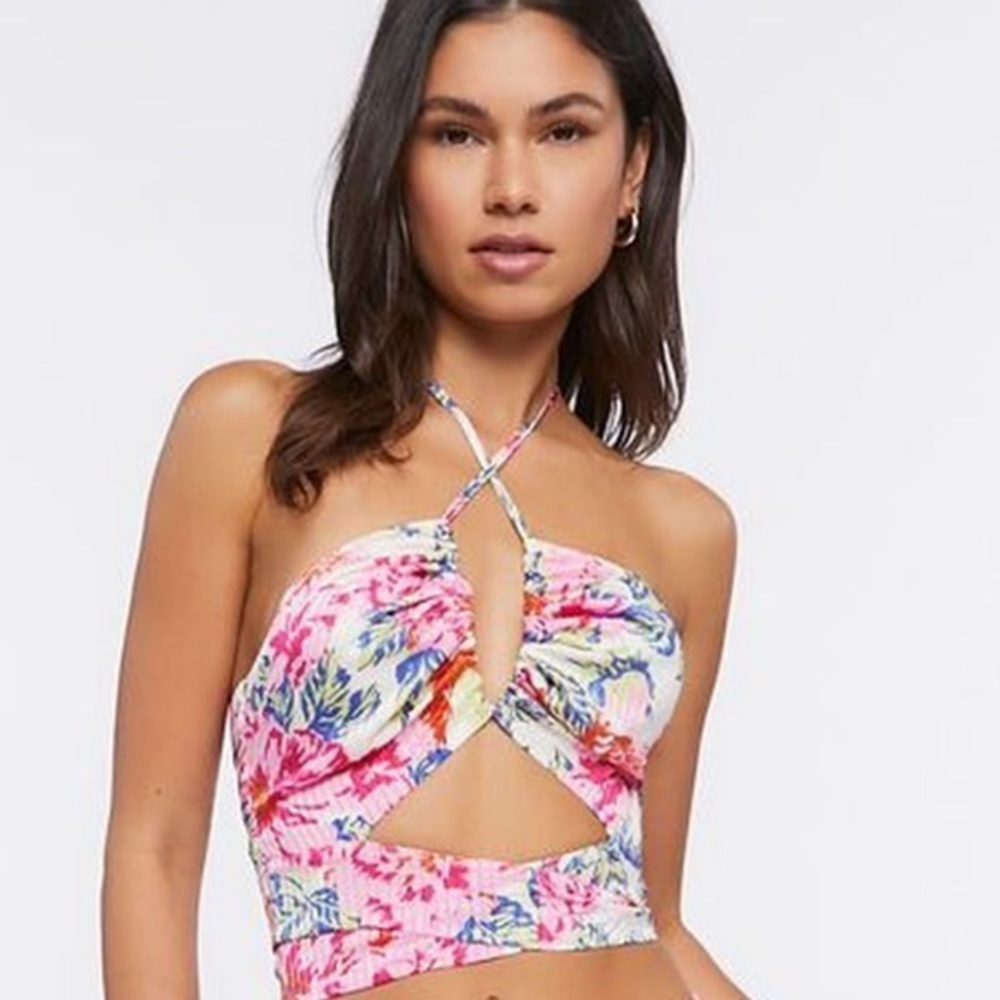 Forever 21 Bright Pink Floral Print Halter Crop Top | XS